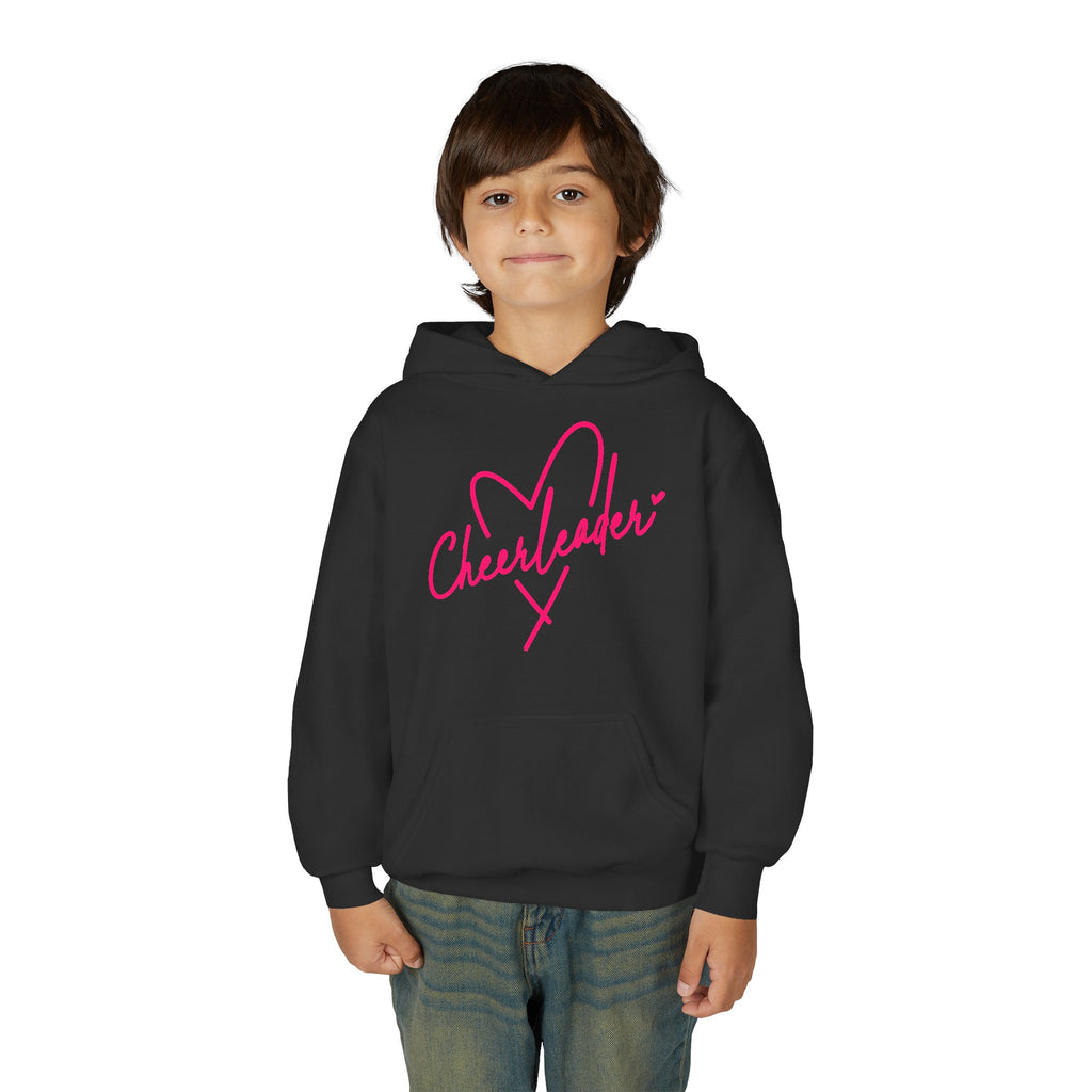 Cheerleader Youth Hoodie — Pink Heart Cheer Graphic Pullover