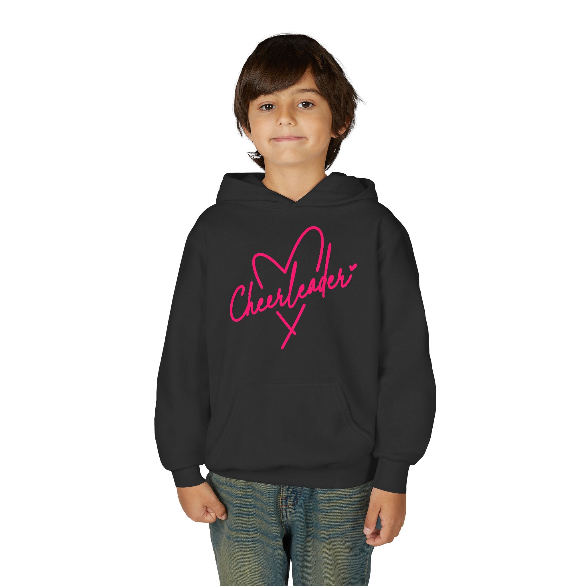 Cheerleader Youth Hoodie — Pink Heart Cheer Graphic Pullover