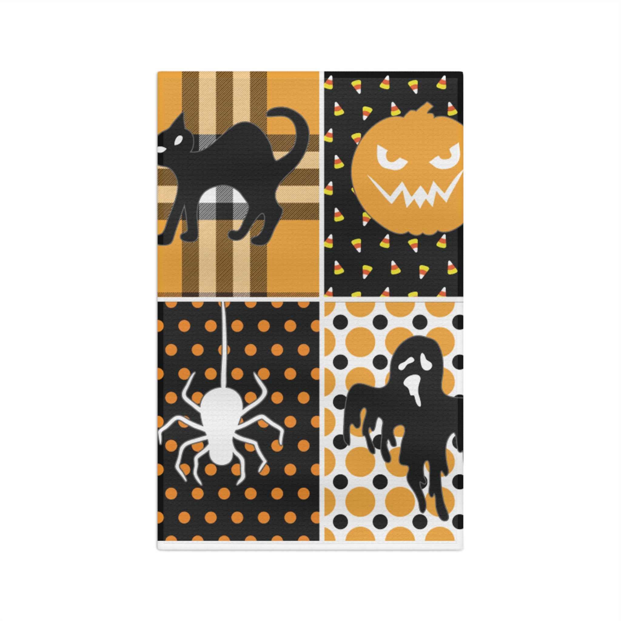 Halloween Patchwork Microfiber Tea Towel — Black Cat, Jack-O’-Lantern, Spider & Ghost Kitchen Tea Towel