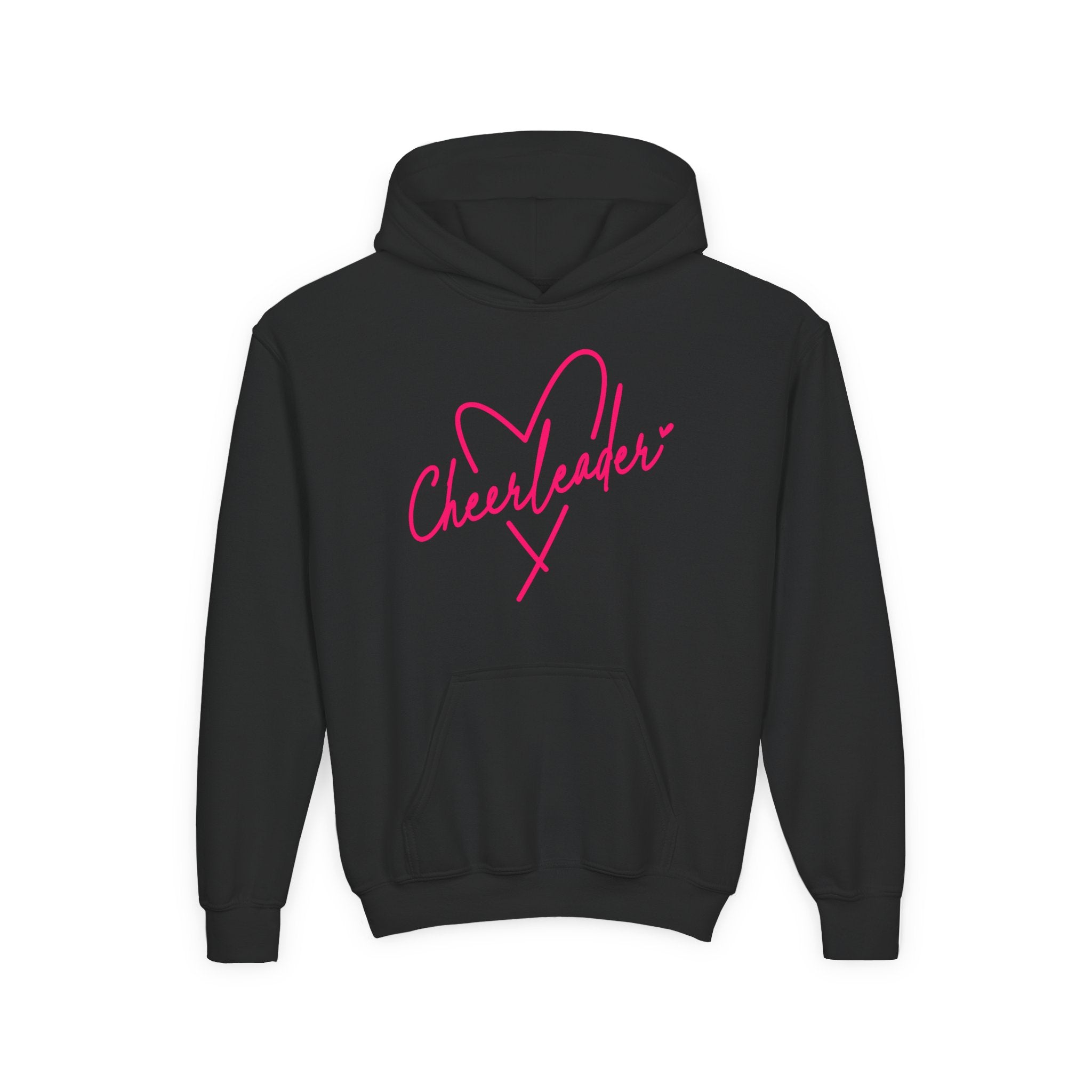Cheerleader Youth Hoodie — Pink Heart Cheer Graphic Pullover
