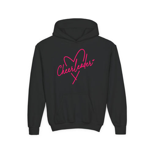Cheerleader Youth Hoodie — Pink Heart Cheer Graphic Pullover