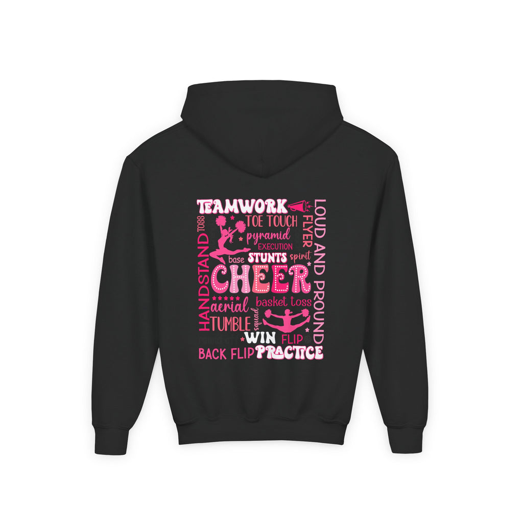 Cheerleader Youth Hoodie — Pink Heart Cheer Graphic Pullover
