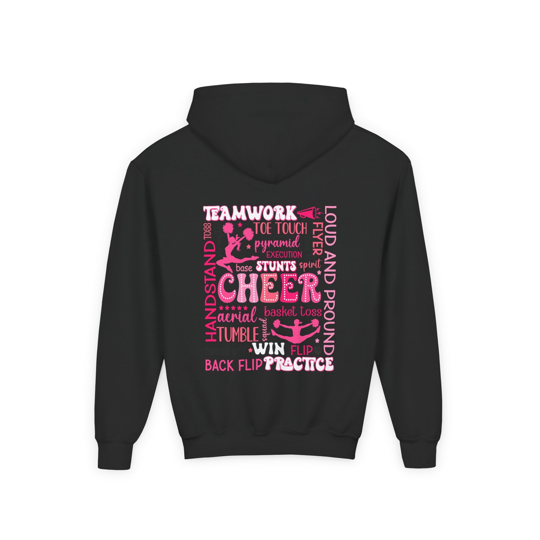 Cheerleader Youth Hoodie — Pink Heart Cheer Graphic Pullover