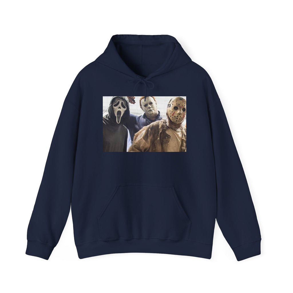 Horror Icons Hoodie – Classic Slasher Mask Trio Graphic