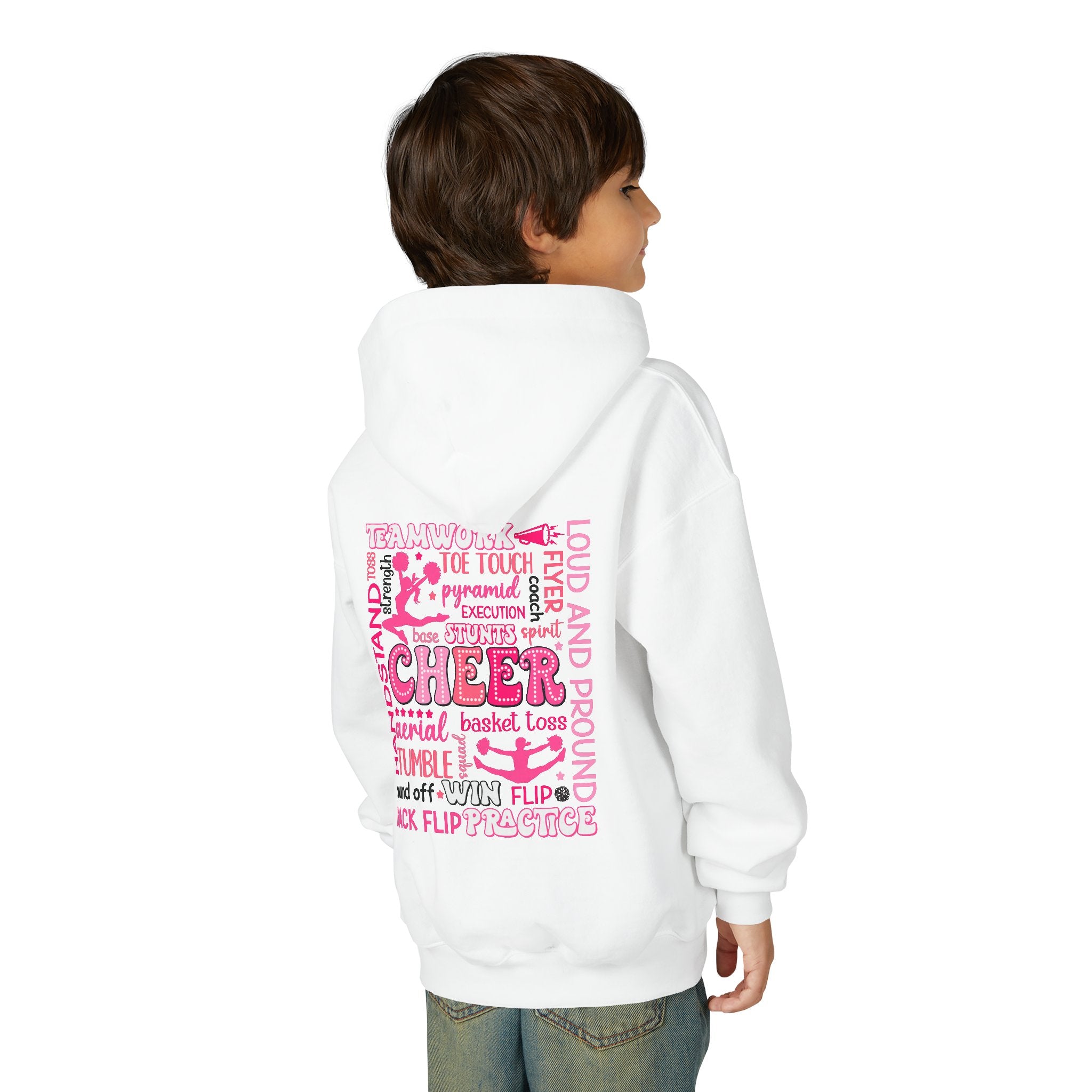 Cheerleader Youth Hoodie — Pink Heart Cheer Graphic Pullover