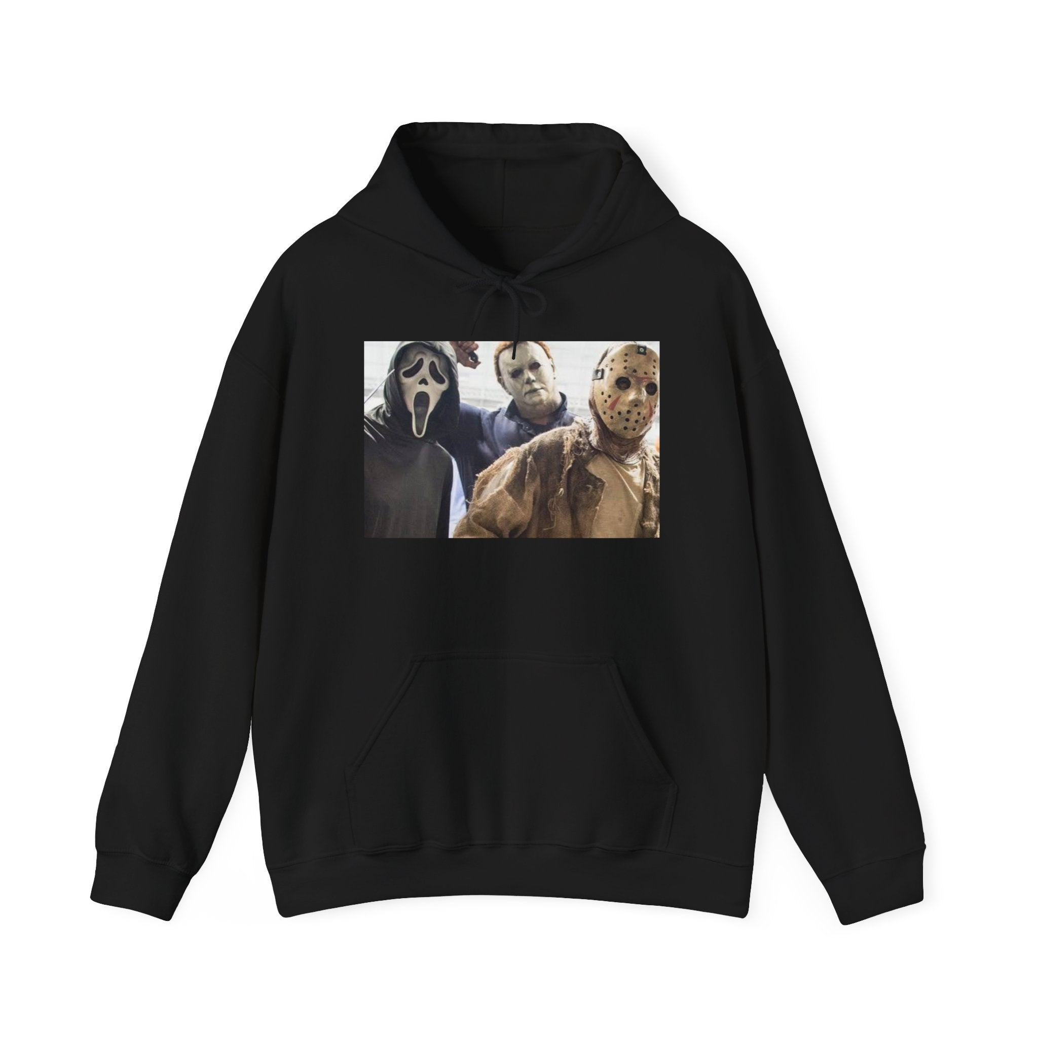 Horror Icons Hoodie – Classic Slasher Mask Trio Graphic