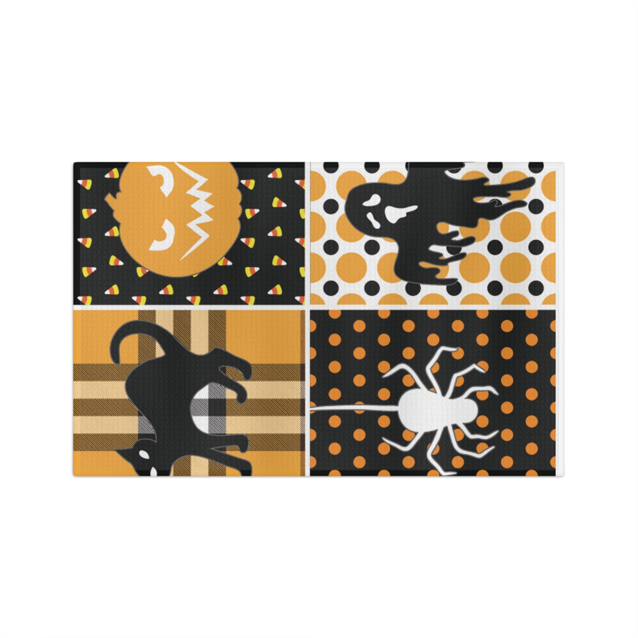 Halloween Patchwork Microfiber Tea Towel — Black Cat, Jack-O’-Lantern, Spider & Ghost Kitchen Tea Towel