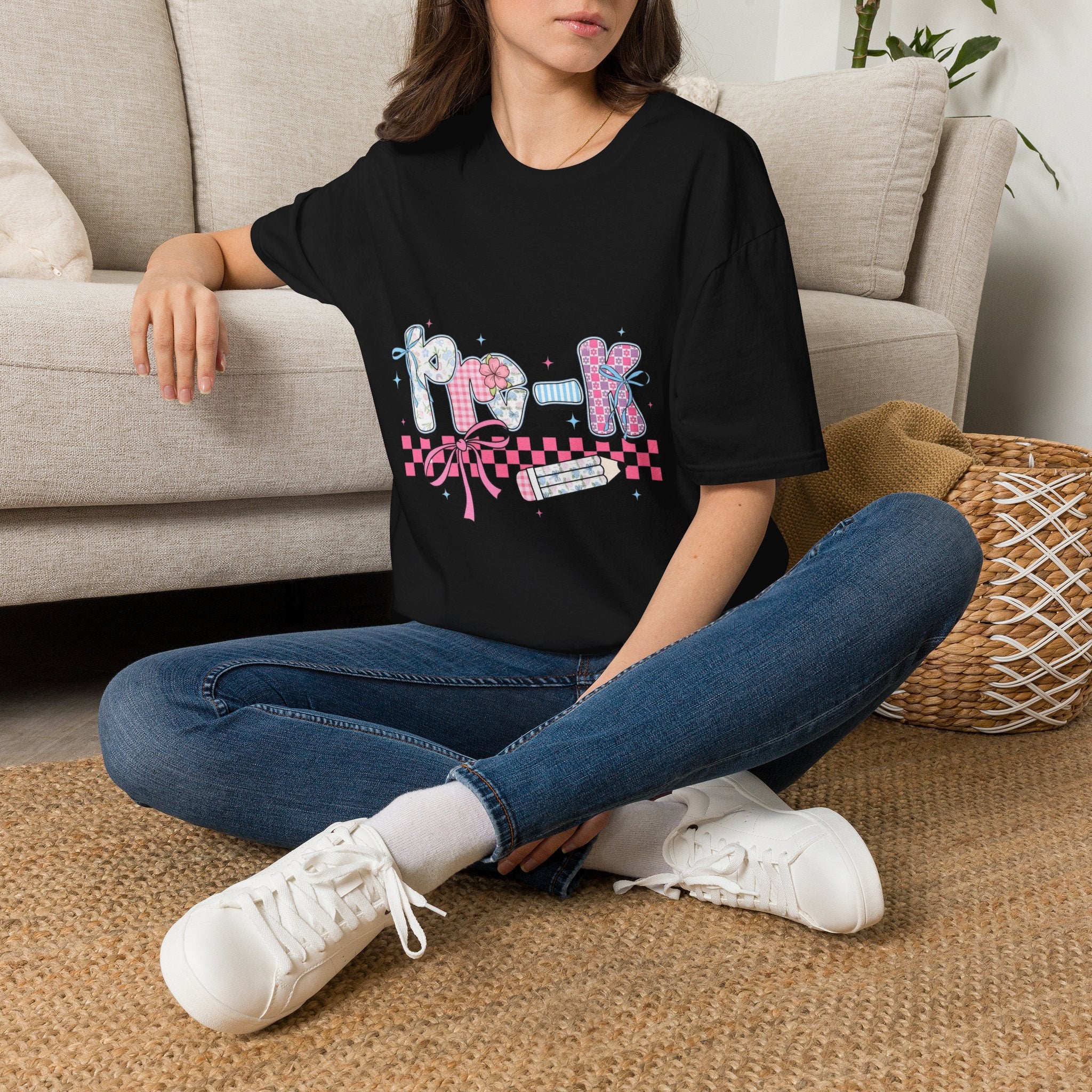 Pink Checkerboard Graphic T-Shirt — Cute Pastel Retro 'P R - K' Design