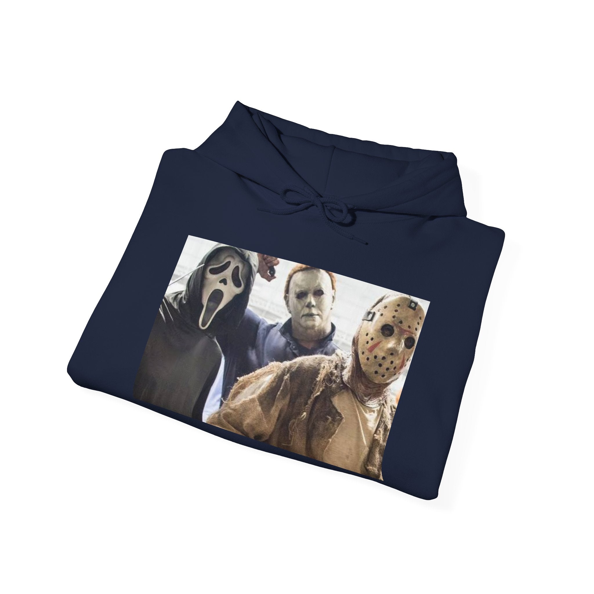 Horror Icons Hoodie – Classic Slasher Mask Trio Graphic