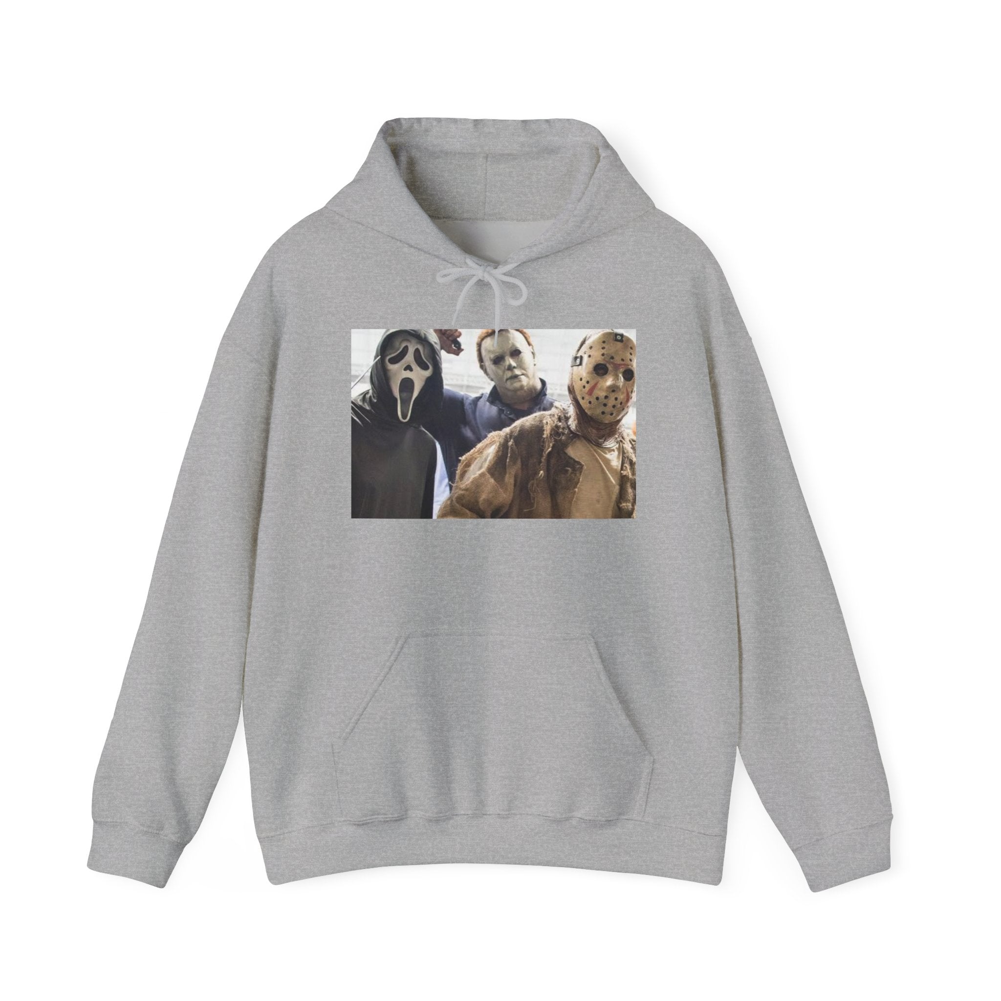 Horror Icons Hoodie – Classic Slasher Mask Trio Graphic