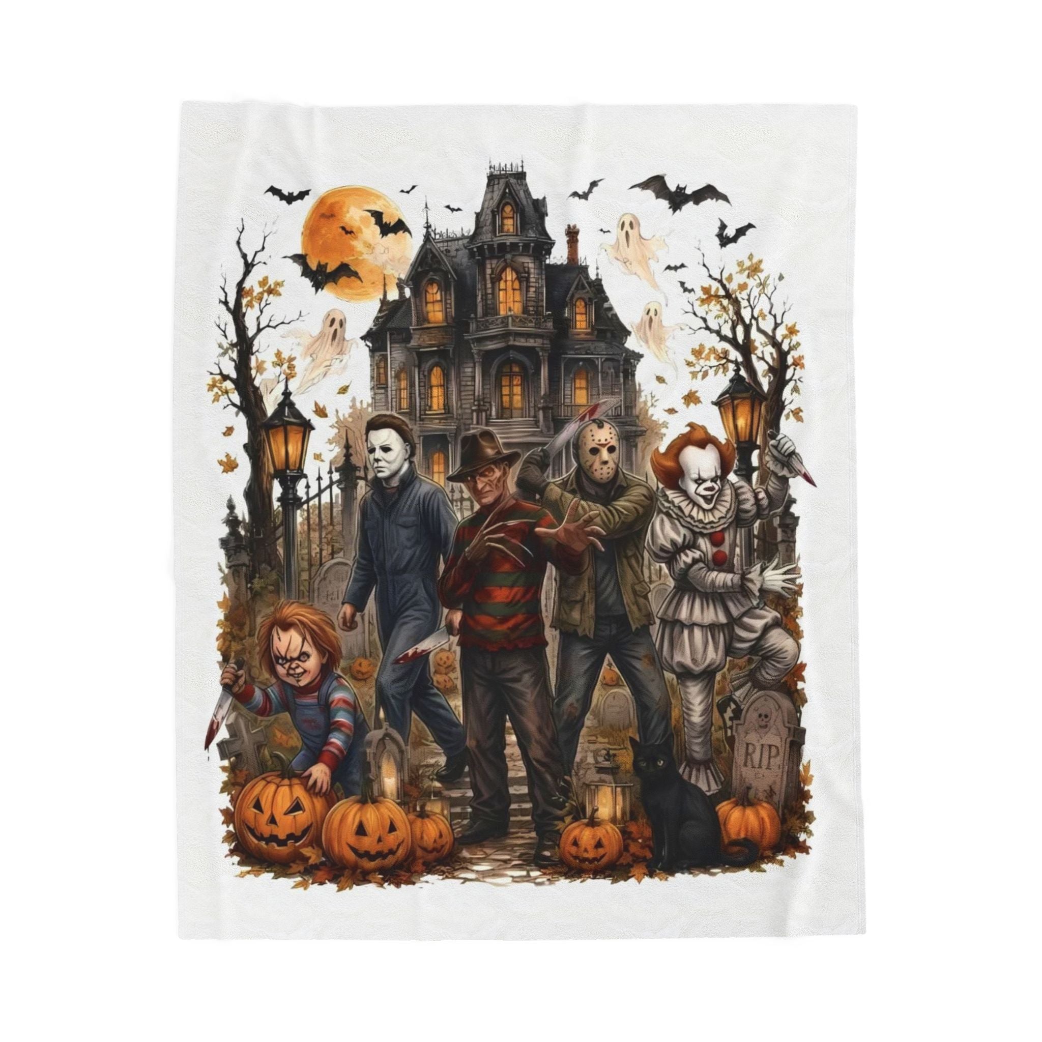 Horror Icons Plush Blanket — Haunted House Halloween Throw Classic Slasher Characters