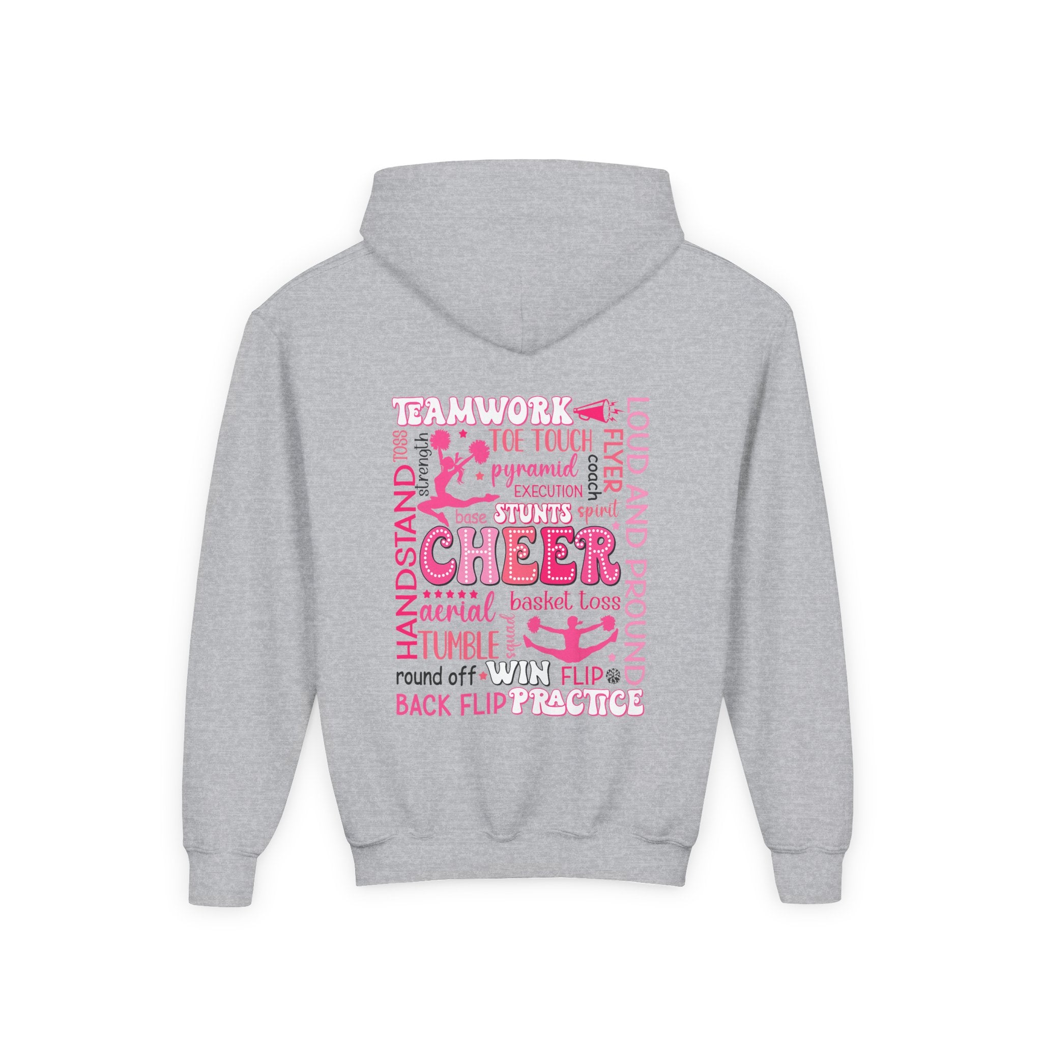 Cheerleader Youth Hoodie — Pink Heart Cheer Graphic Pullover