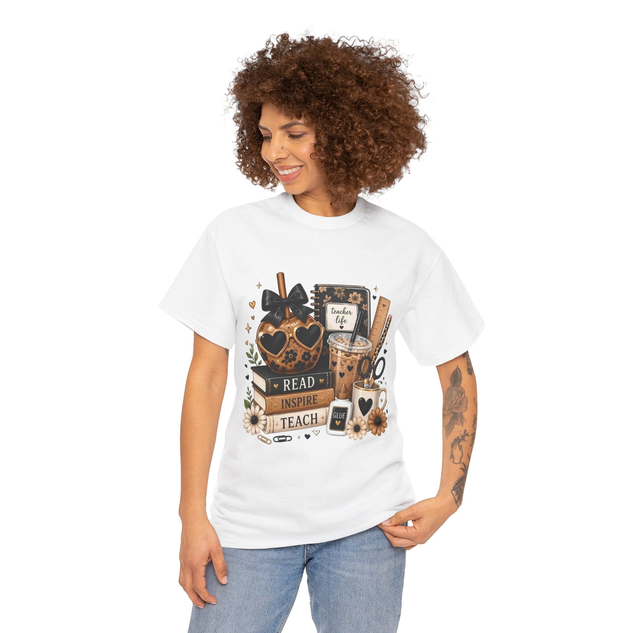 Teacher Coffee & Books T‑Shirt — Read Inspire Teach Design