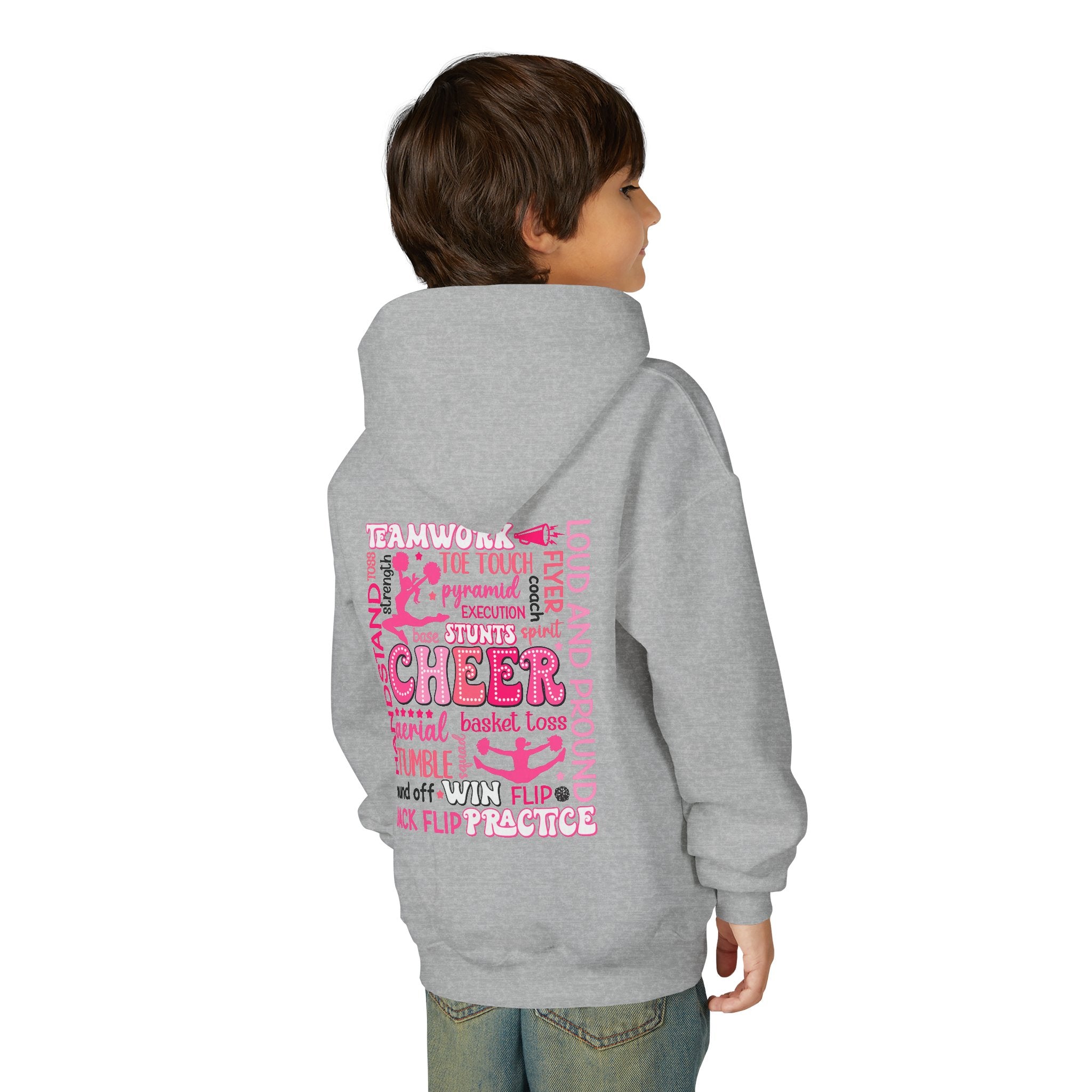 Cheerleader Youth Hoodie — Pink Heart Cheer Graphic Pullover