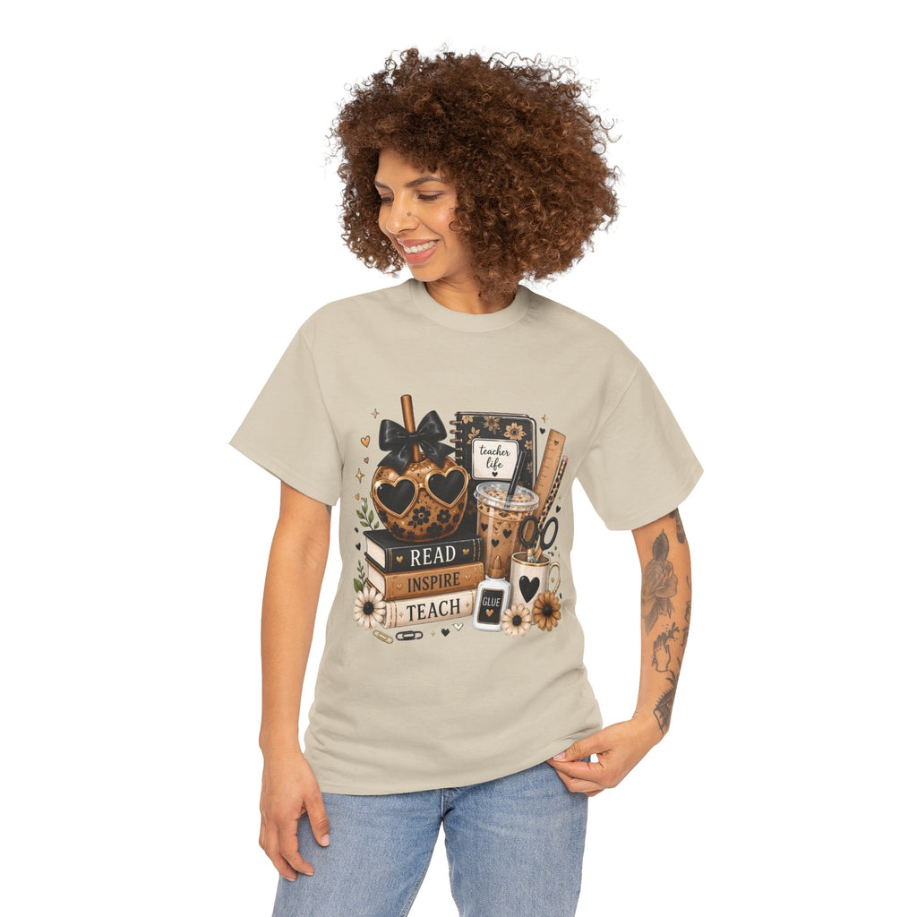 Teacher Coffee & Books T‑Shirt — Read Inspire Teach Design