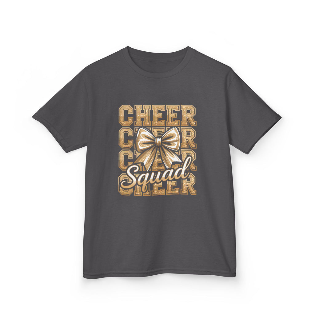 Kids Cheerleader T‑Shirt — "Cheer Squad" Gold Retro Pom Design