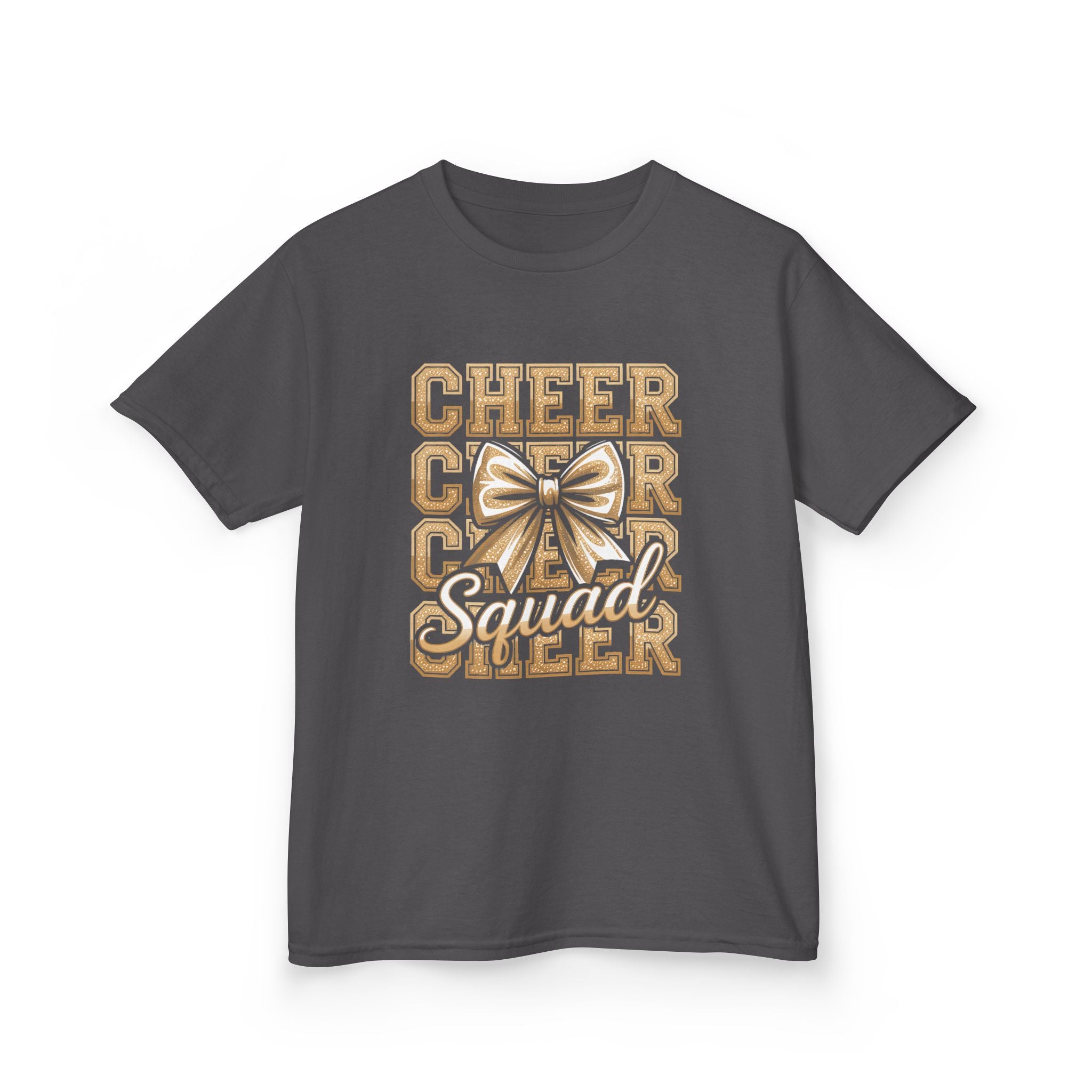 Kids Cheerleader T‑Shirt — "Cheer Squad" Gold Retro Pom Design