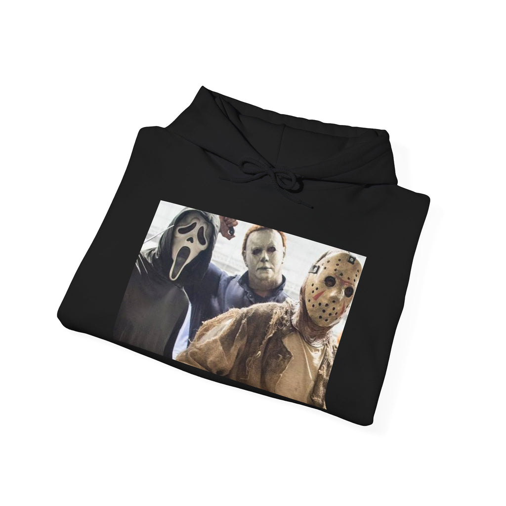 Horror Icons Hoodie – Classic Slasher Mask Trio Graphic