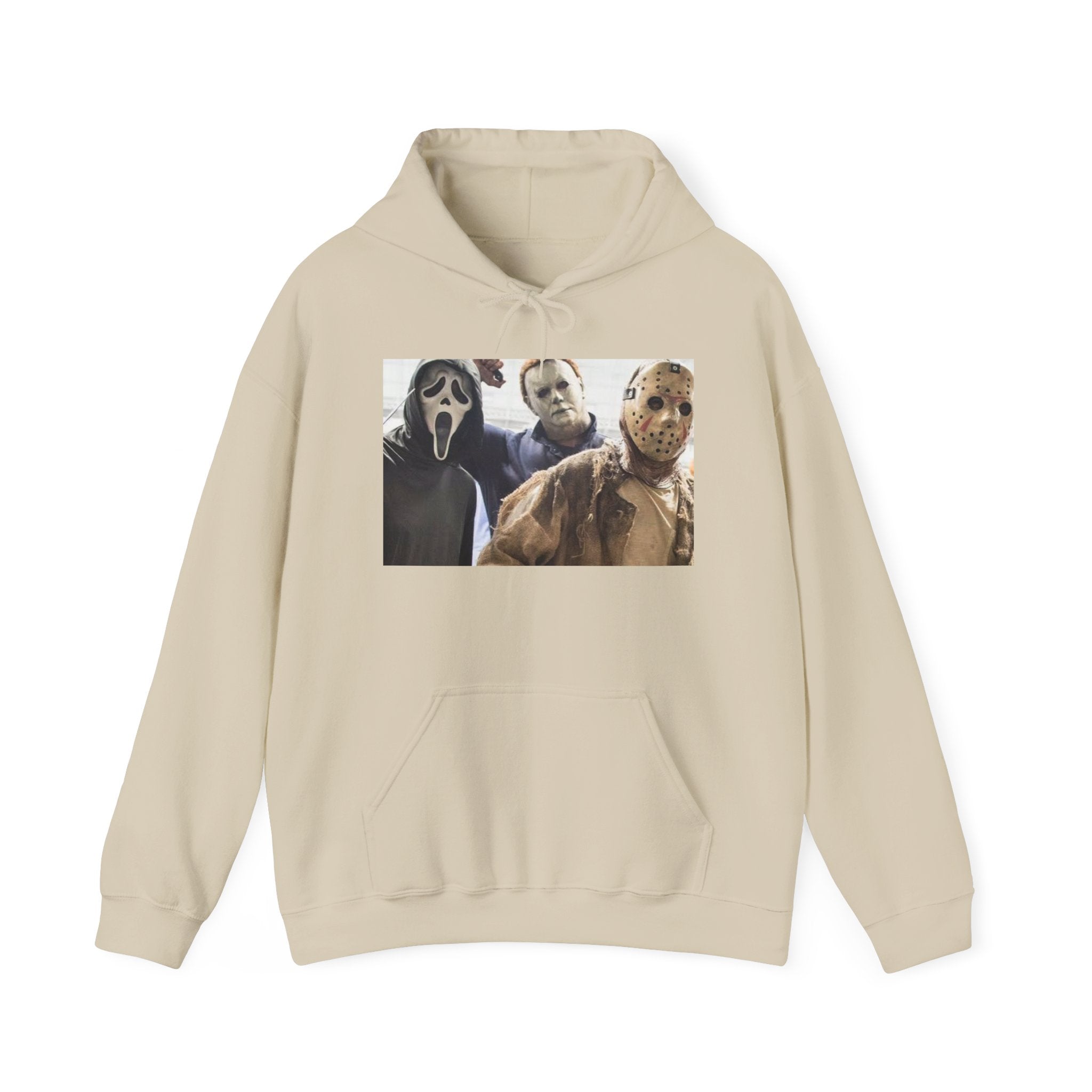 Horror Icons Hoodie – Classic Slasher Mask Trio Graphic