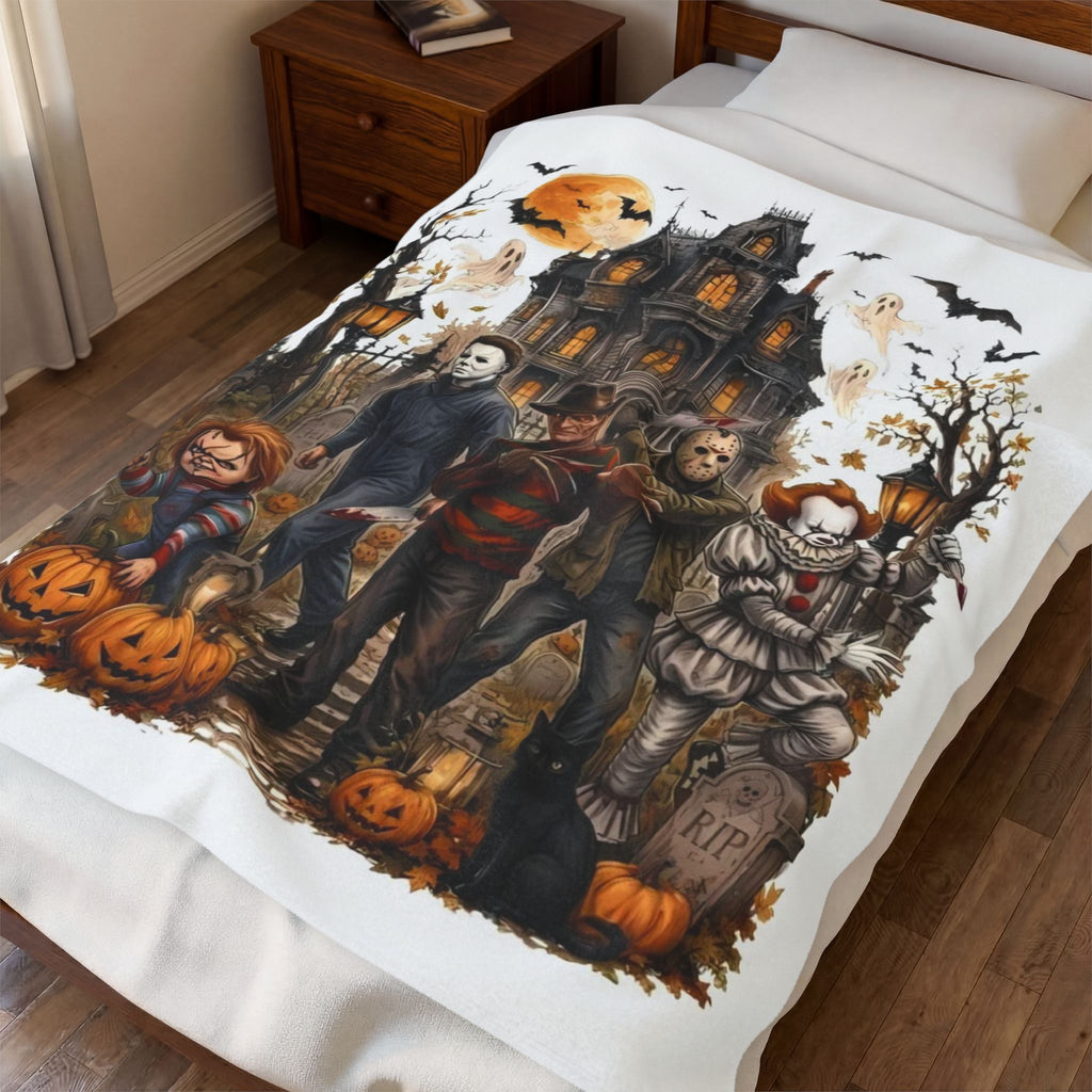 Horror Icons Plush Blanket — Haunted House Halloween Throw Classic Slasher Characters