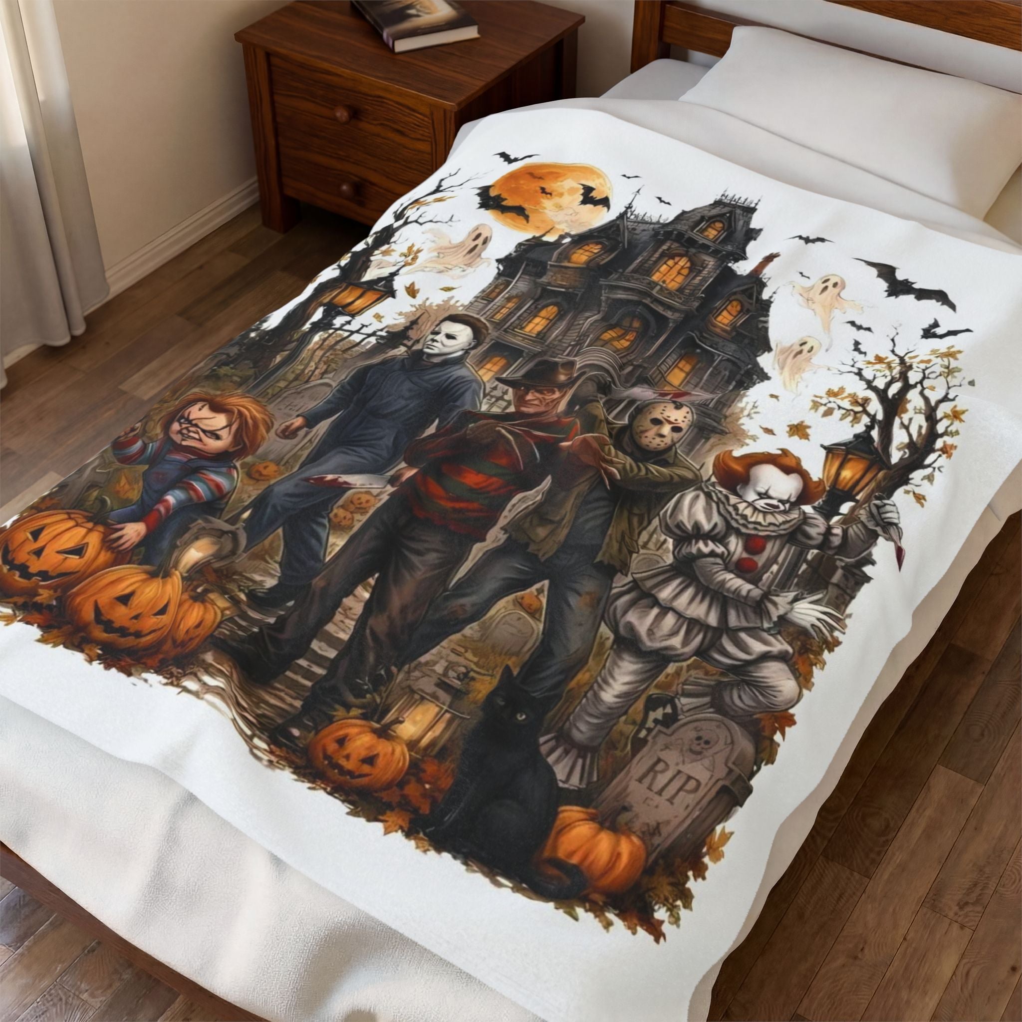 Horror Icons Plush Blanket — Haunted House Halloween Throw Classic Slasher Characters