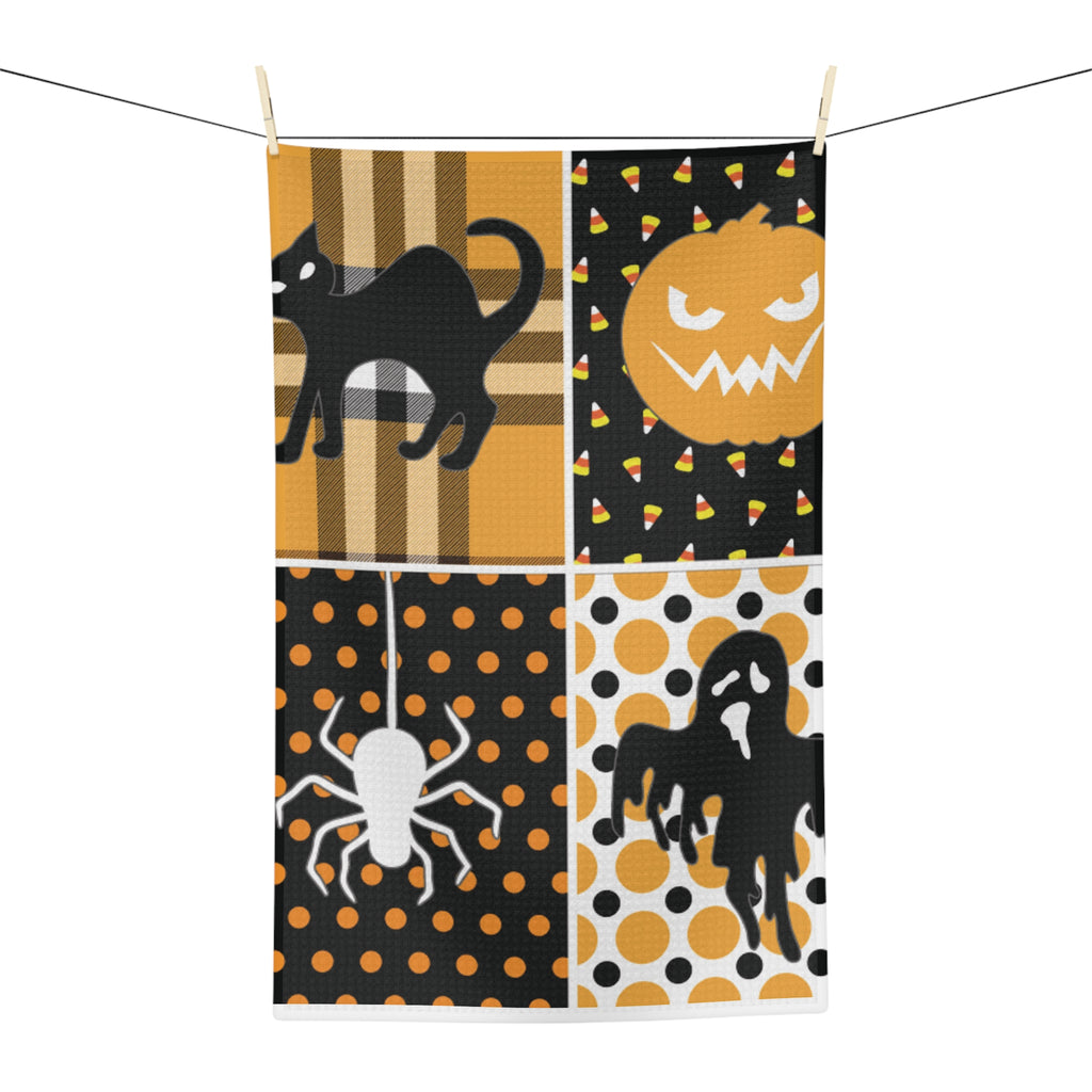 Halloween Patchwork Microfiber Tea Towel — Black Cat, Jack-O’-Lantern, Spider & Ghost Kitchen Tea Towel