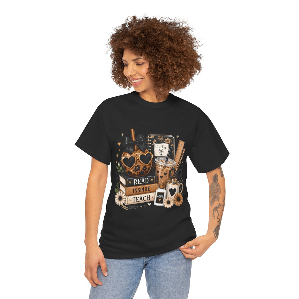 Teacher Coffee & Books T‑Shirt — Read Inspire Teach Design