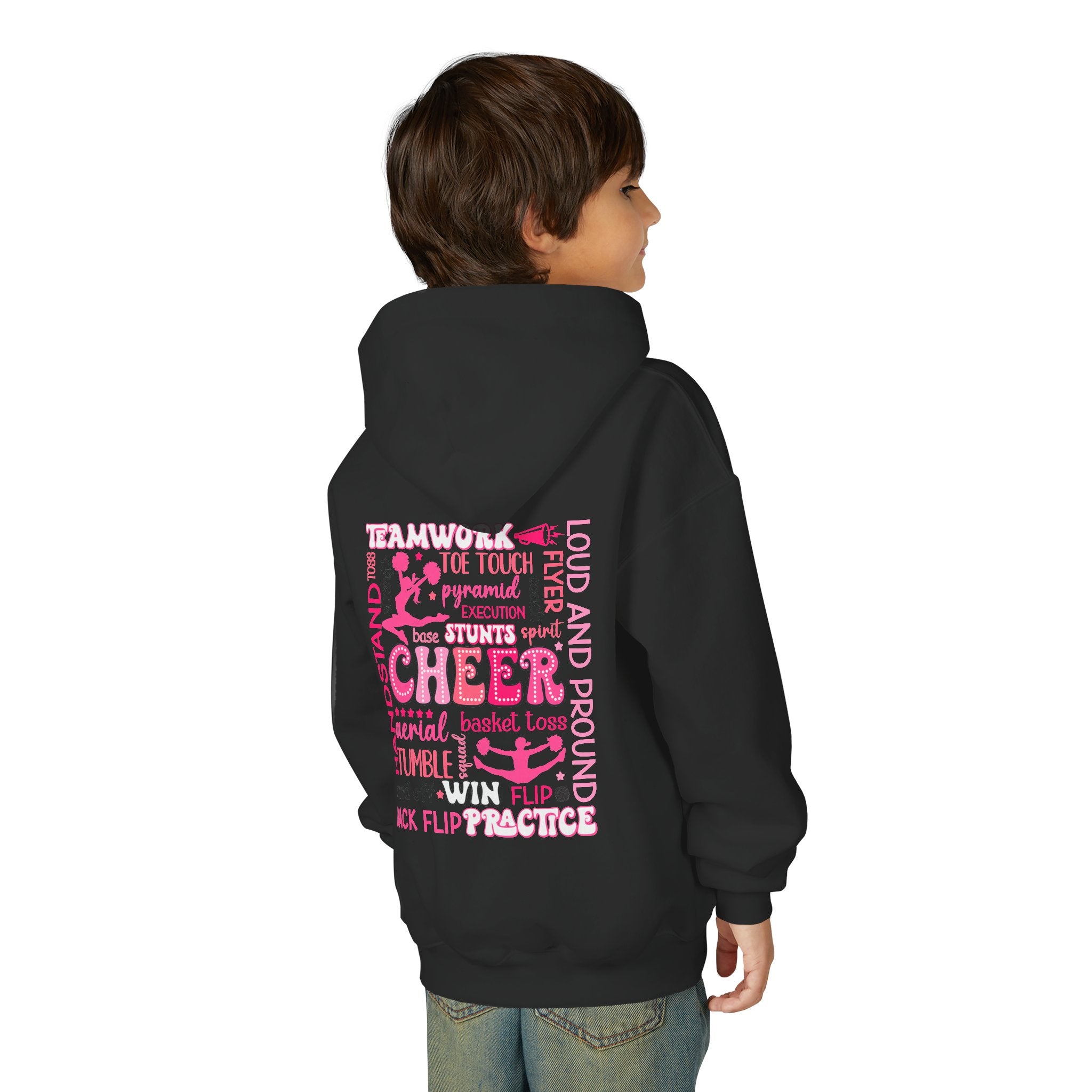 Cheerleader Youth Hoodie — Pink Heart Cheer Graphic Pullover