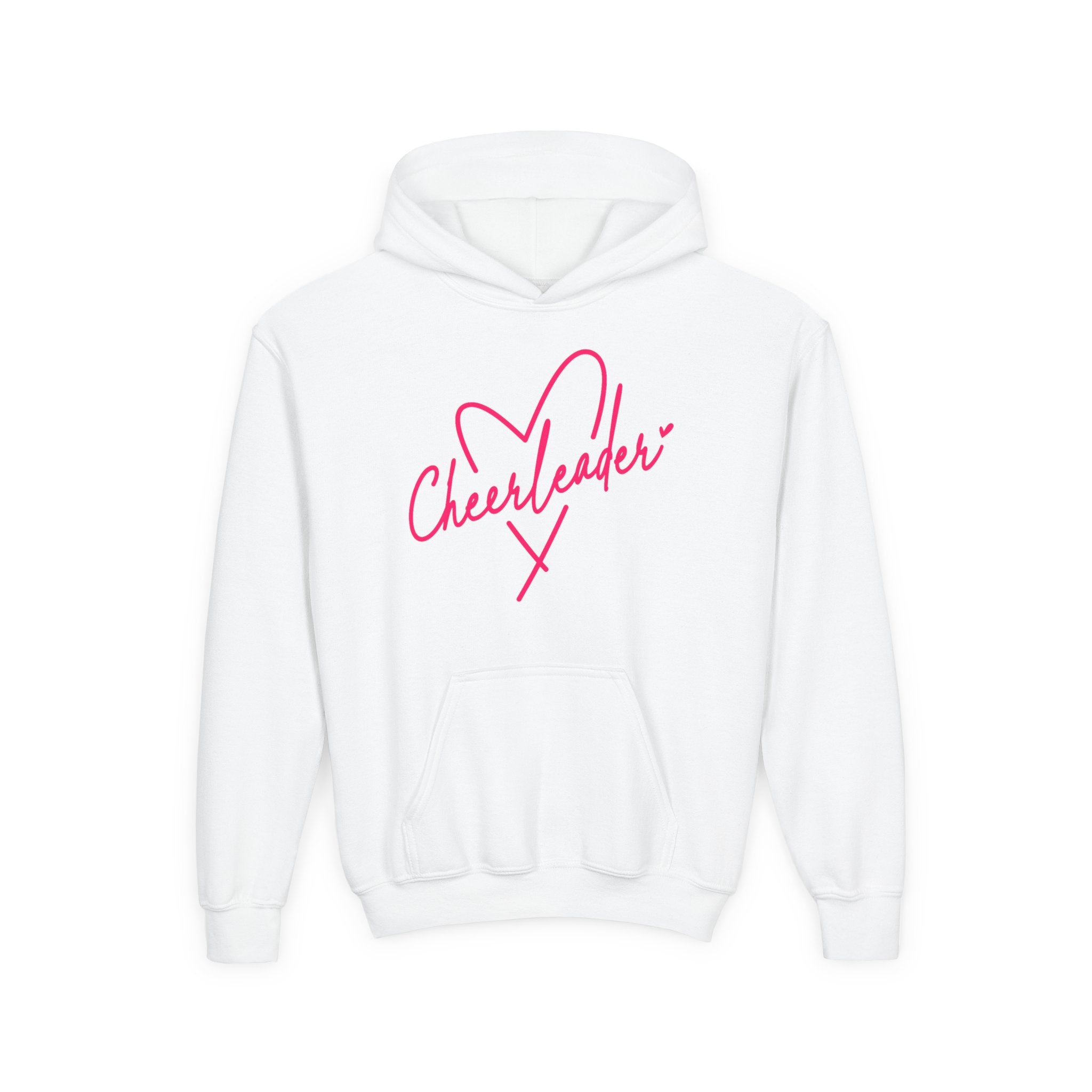 Cheerleader Youth Hoodie — Pink Heart Cheer Graphic Pullover