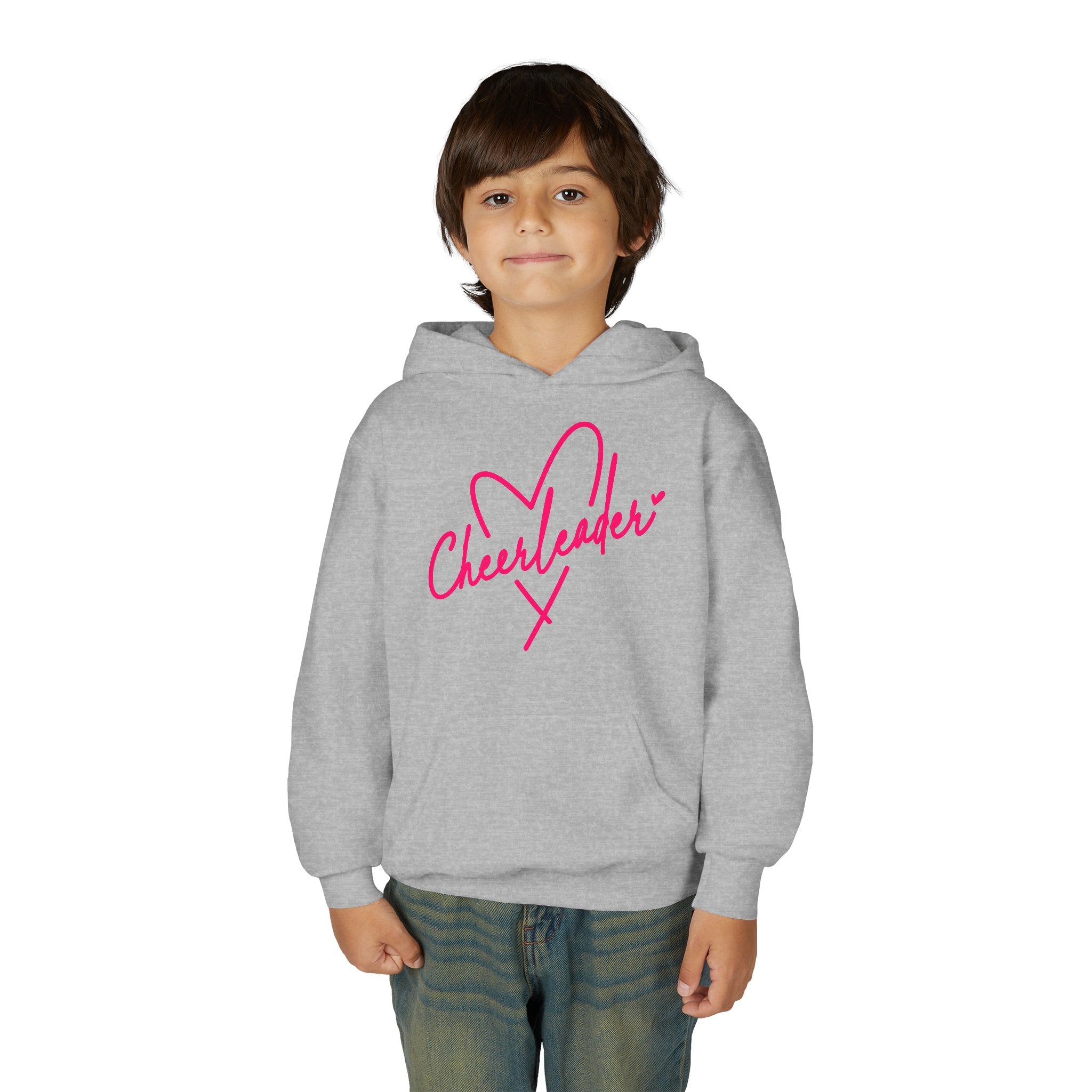 Cheerleader Youth Hoodie — Pink Heart Cheer Graphic Pullover
