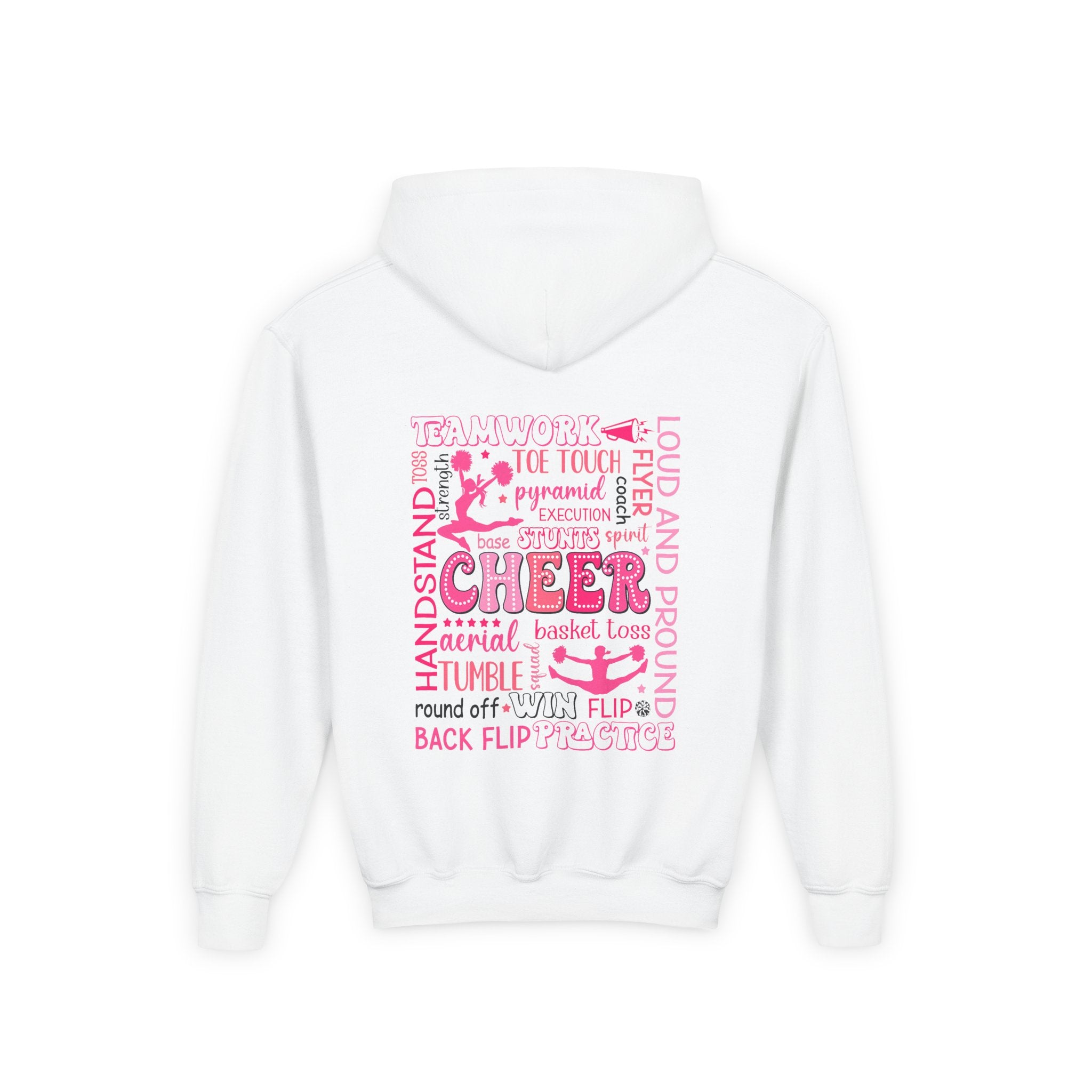 Cheerleader Youth Hoodie — Pink Heart Cheer Graphic Pullover