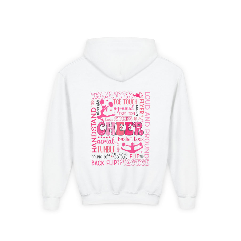 Cheerleader Youth Hoodie — Pink Heart Cheer Graphic Pullover