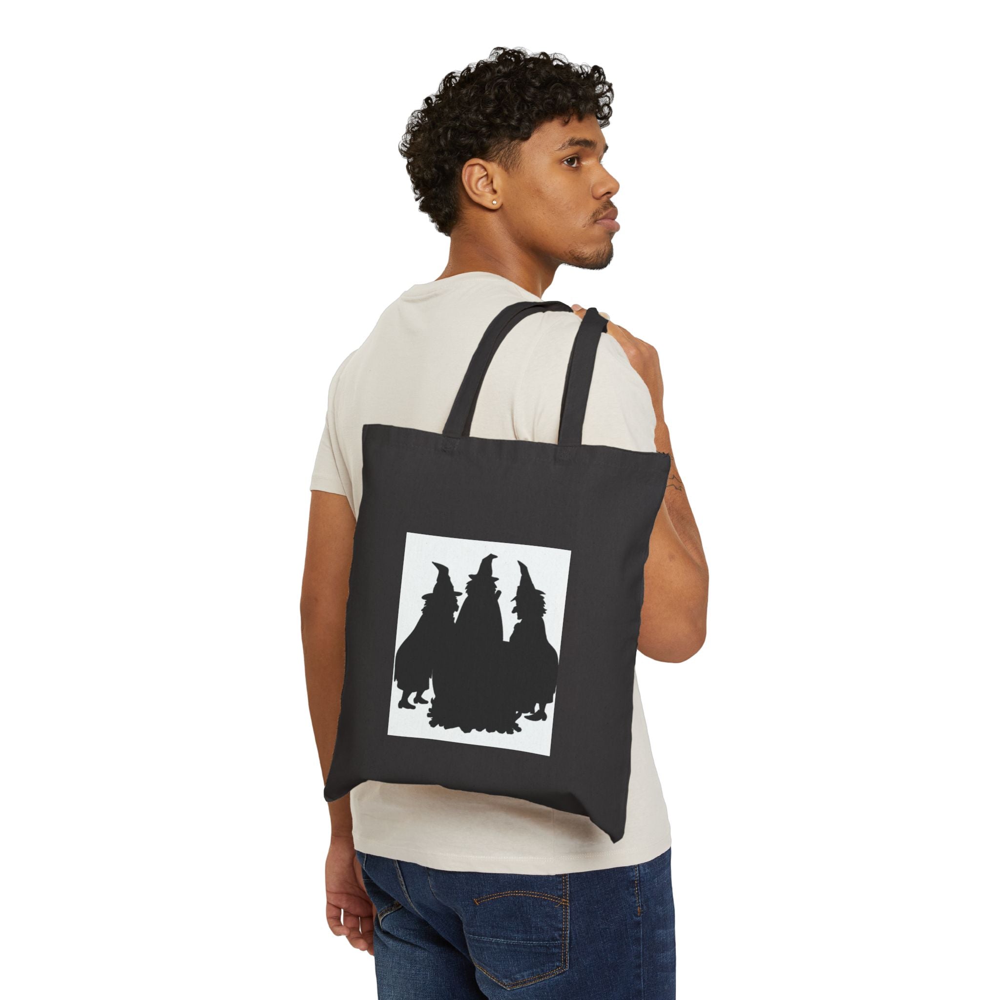 Witch Trio Silhouette Cotton Tote Bag — Halloween Witchy Canvas Shopper