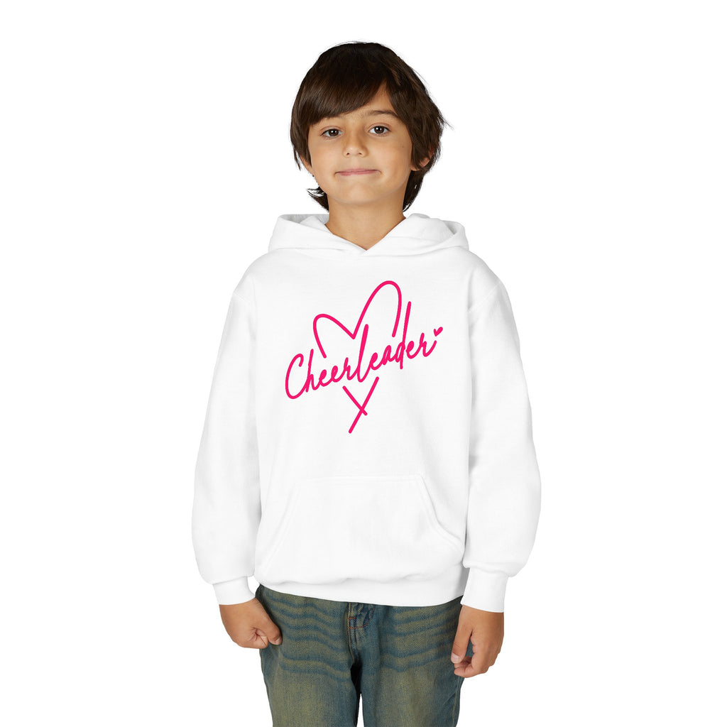 Cheerleader Youth Hoodie — Pink Heart Cheer Graphic Pullover