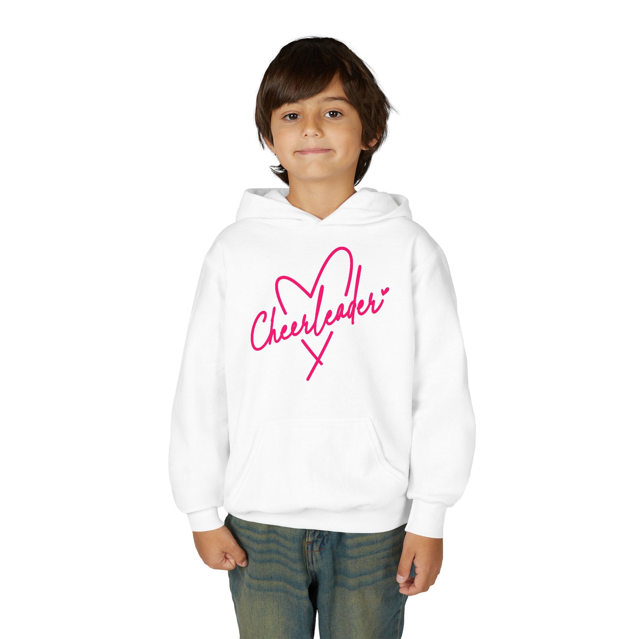 Cheerleader Youth Hoodie — Pink Heart Cheer Graphic Pullover