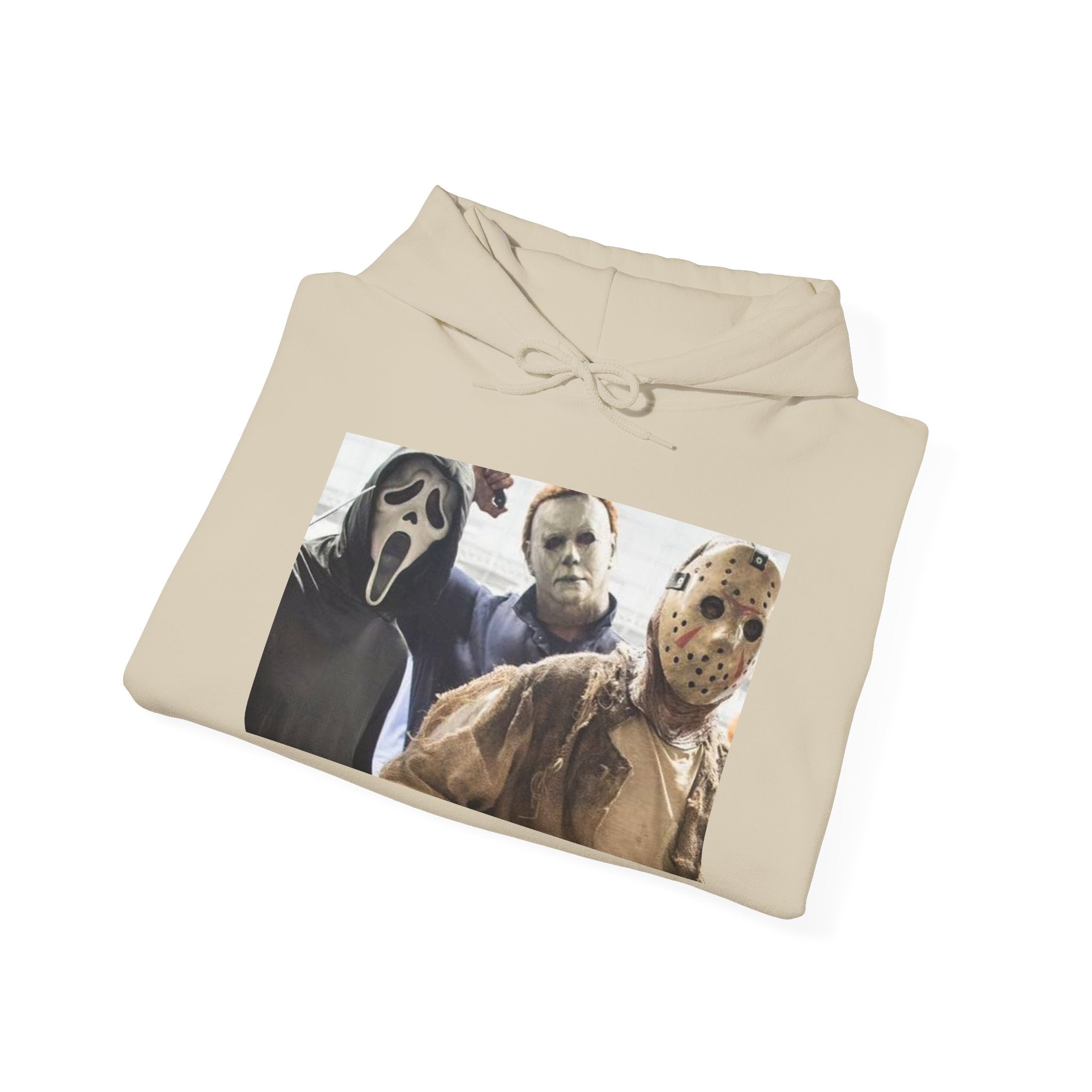 Horror Icons Hoodie – Classic Slasher Mask Trio Graphic